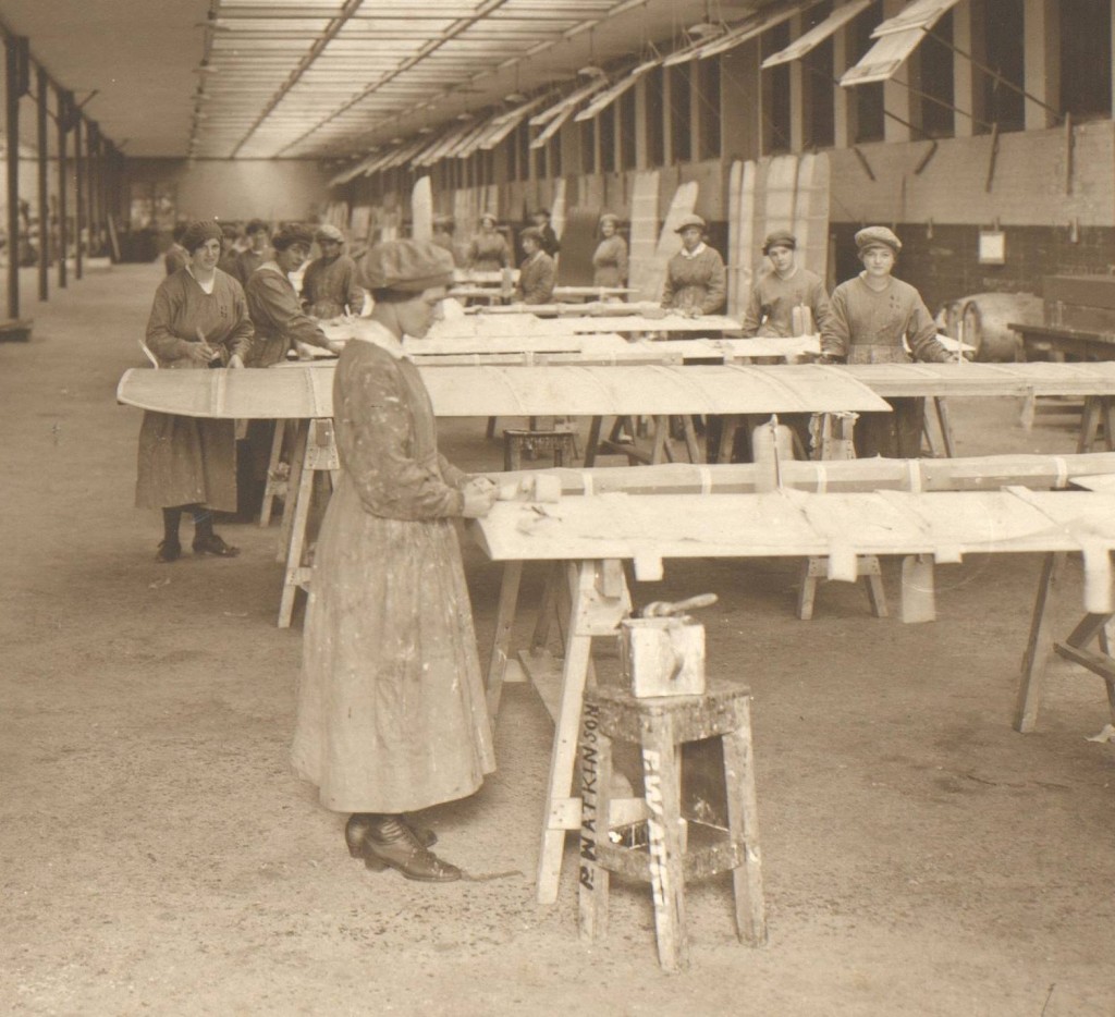 Women at work on aeroplane parts in the National Aeroplane Factory, Liverpool