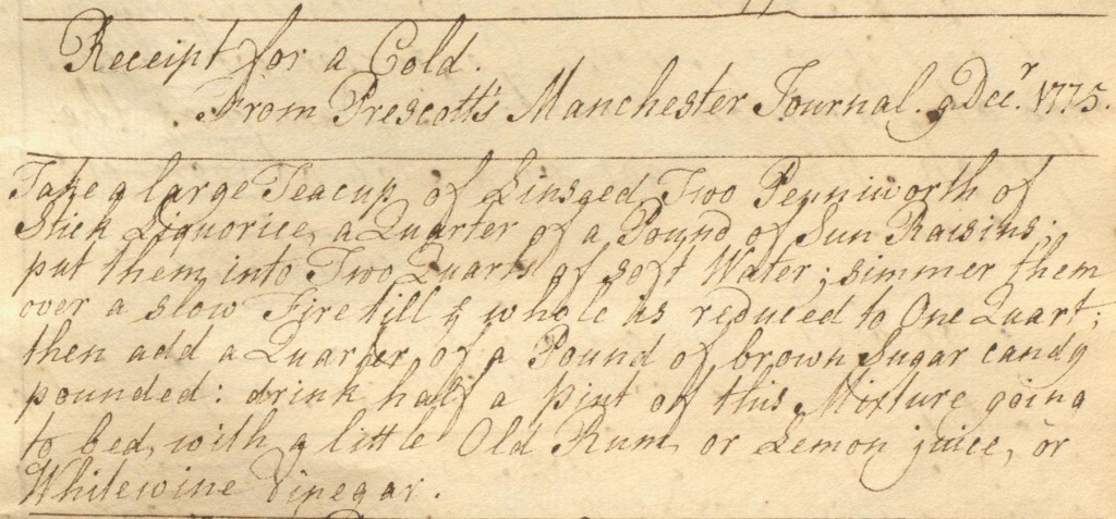 18th century recipe for  curing a cold, from commonplace book LUL MS.148.