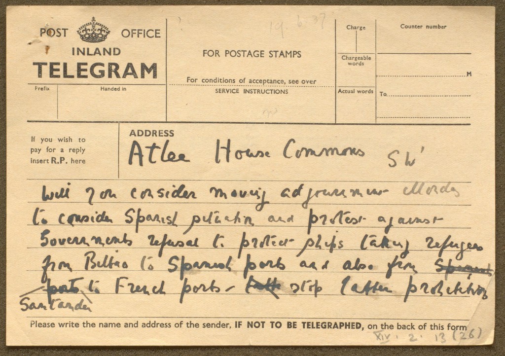 Telegram from Eleanor Rathbone to Clement Atlee, dated 19th June 1937 [RP XIV.2.13(26)].