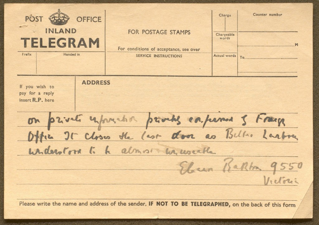 Telegram from Eleanor Rathbone to Clement Attlee, dated 19th June 1937 [RP XIV.2.13(26)]. "on private information [privately?] confirmed [&?] Foreign Office [It?] closes the last door as Bilbao [?] understood to be almost unusable."