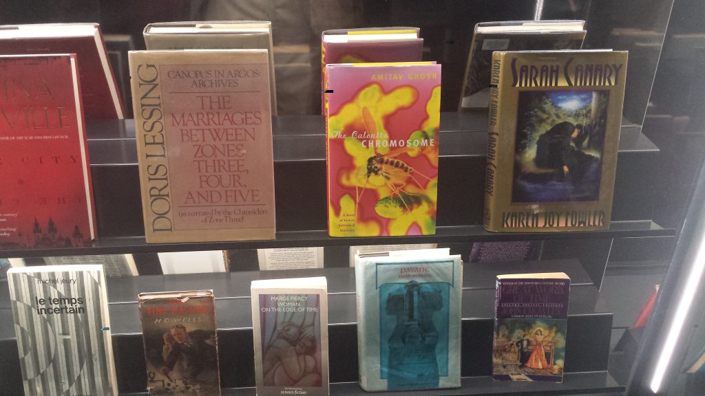 Books from the Science Fiction Foundation Collection on display at the Barbican Centre's "Into the Unknown" exhibition.