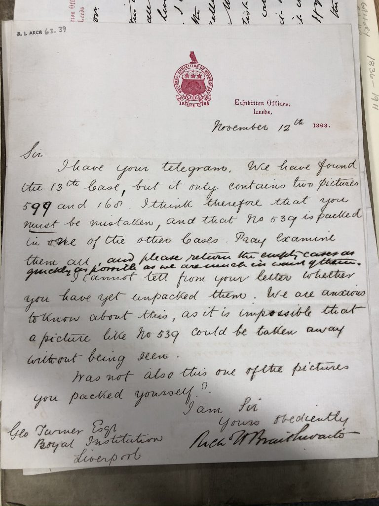 Letter relating to items in the  items in the LRI Gallery of Art