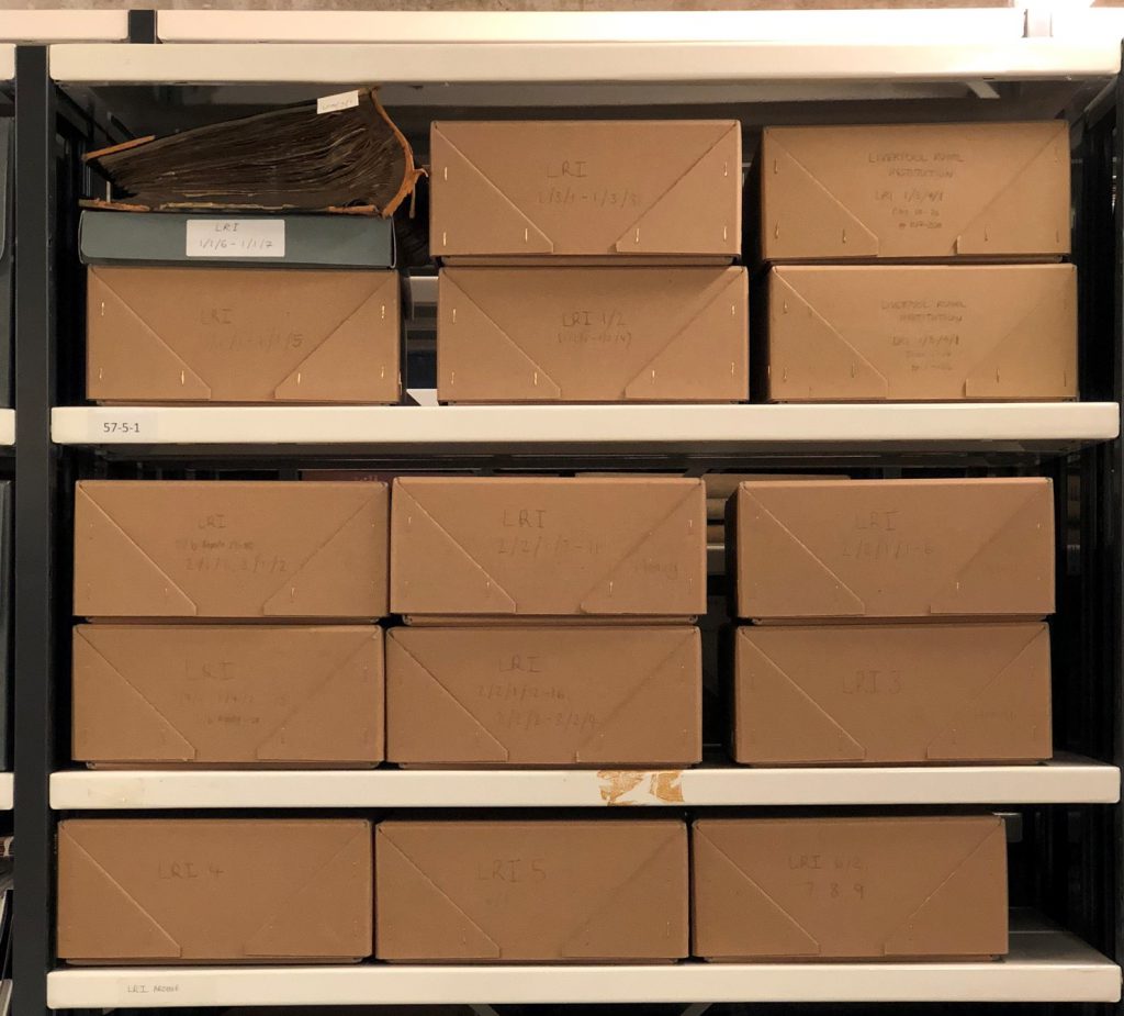 Photograph of archive boxes containing the LRI archive 