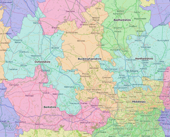 map of Bedfordshire, Berkshire and Buckinghamshire showing historic county area 