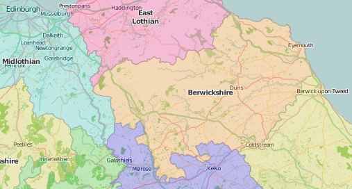 map of Berwickshire showing historic county area