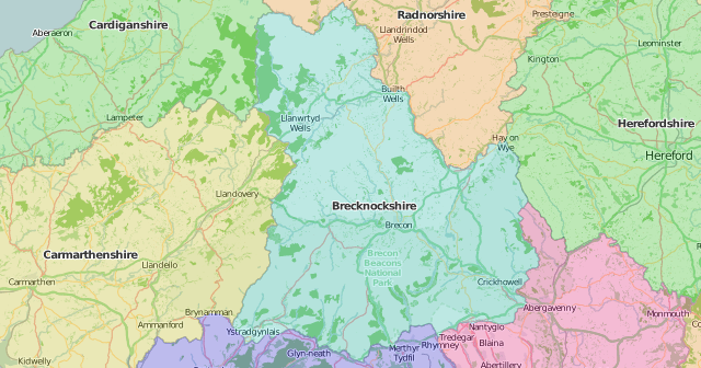 map of Brecknockshire showing historic county area