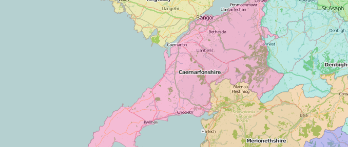 map of Caernarvonshire showing historic county area