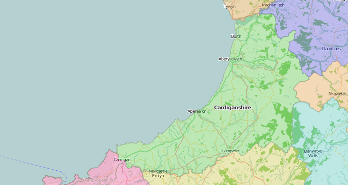map of Cardiganshire showing historic county