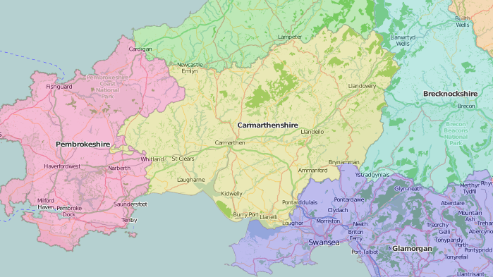 map of Carmarthenshire showing historic county area