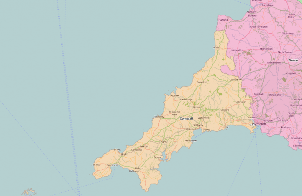 map of Cornwall showing historic county area