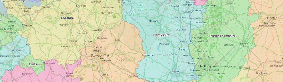map of Derbyshire showing historic county area