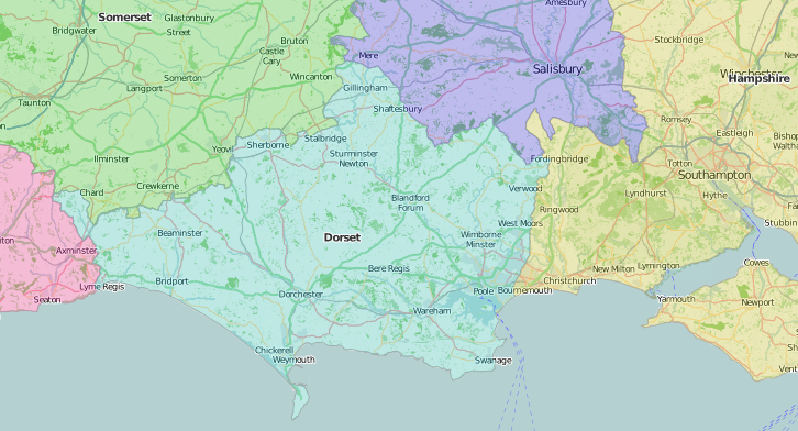 map of Dorset showing historic county area