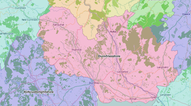 map of Dumfriesshire showing historic county area