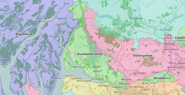 map of Dunbartonshire showing historic county area