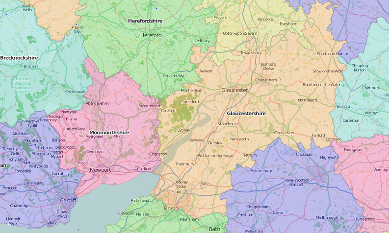 map of Gloucestershire showing historic county area