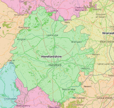 map of Herefordshire showing historic county area