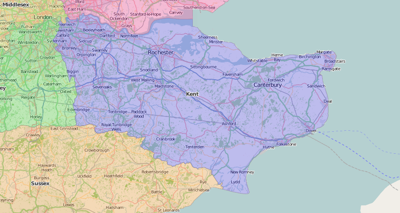 map of Kent showing historic county area