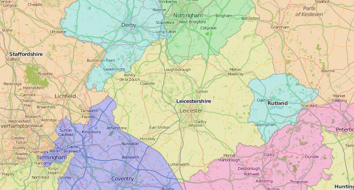map of Leicestershire showing historic county area