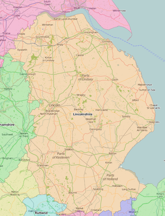 map of Lincolnshire showing historic county area