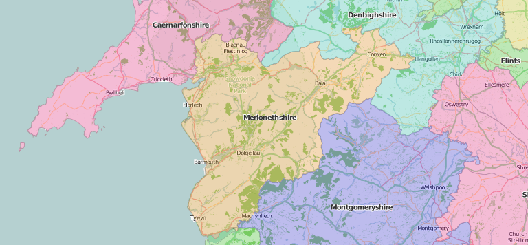 map of Merionethshire showing historic county area