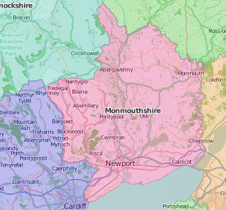 map of Monmouthshire showing historic county area