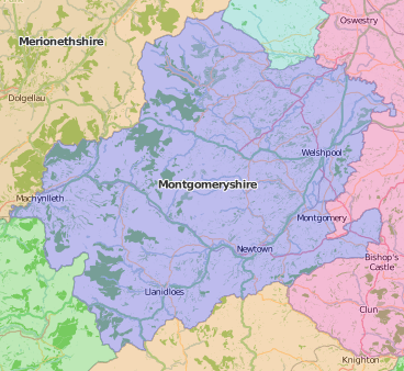 map of Montgomeryshire showing historic county area