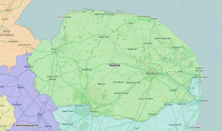 map of Norfolk showing historic county area