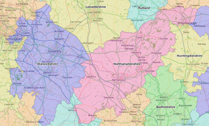 map of Northamptonshire showing historic county area