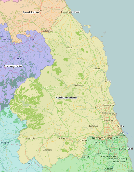 map of Northumberland showing historic county area