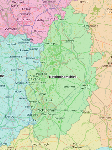 map of Nottinghamshire showing historic county area