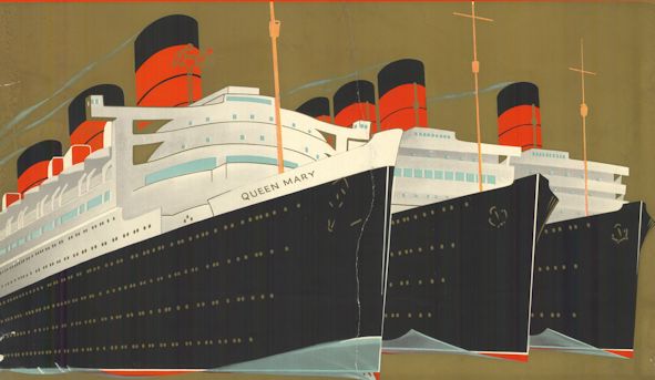 Cunard 1930s travel poster showing RMS Queen Mary