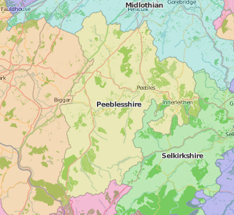 map of Peeblesshire showing historic county area