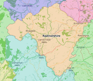map of Radnorshire showing historic county area