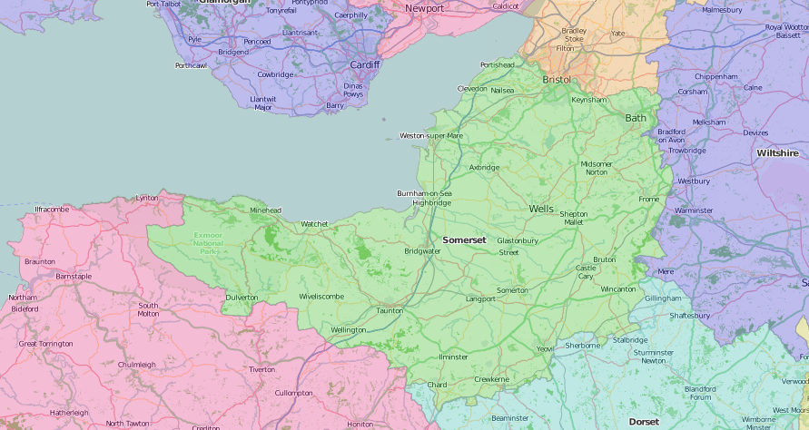 map of Somerset showing historic county area