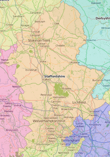 map of Staffordshire showing historic area