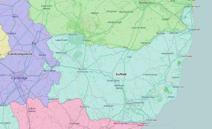 map of Suffolk showing historic area