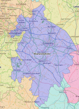 map of Warwickshire showing historic county area