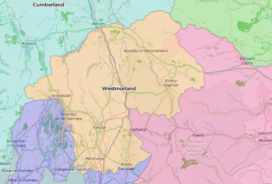 map of Westmorland showing historic county area