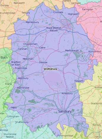 map of Wiltshire showing historic county area