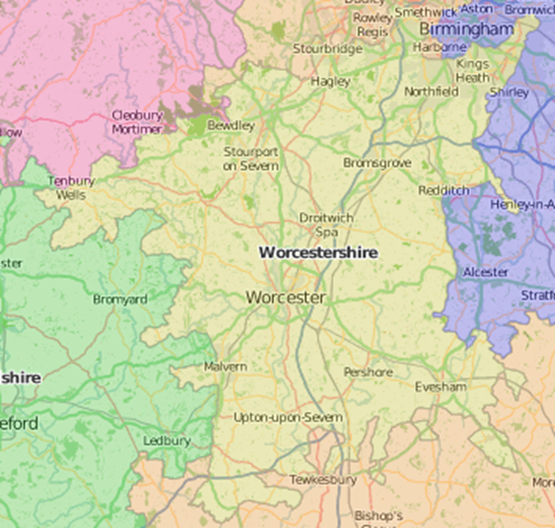 map of Worcestershire showing historic county area