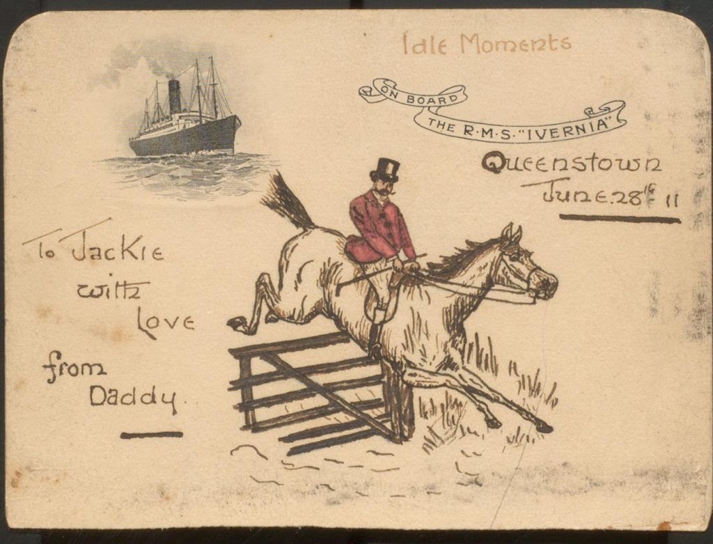 Postcard showing horse jumping fence and text "Jackie with love from Daddy"