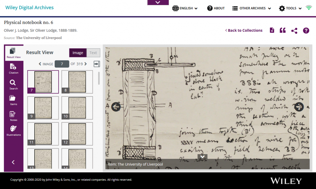 Screenshot of "Result View" on the Wiley Digital Archives platform. Showing thumnail images of notebook pages on the left hand side and, on the right, the page that has been selected zoomed in.