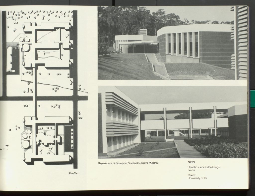 Showing two black and white photographs of buildings and small site plan.