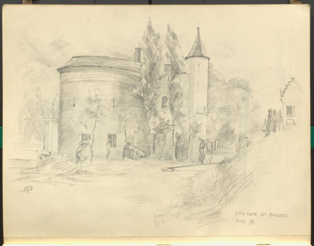 Showing pencil sketch with written caption 'City Gate at Bruges. Aug 9'