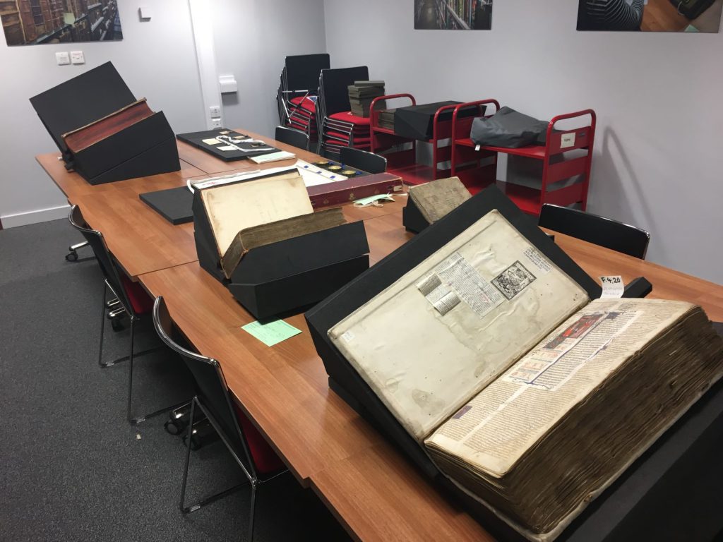 Books on specialist rests in the Special Collections and Archives Teaching Room