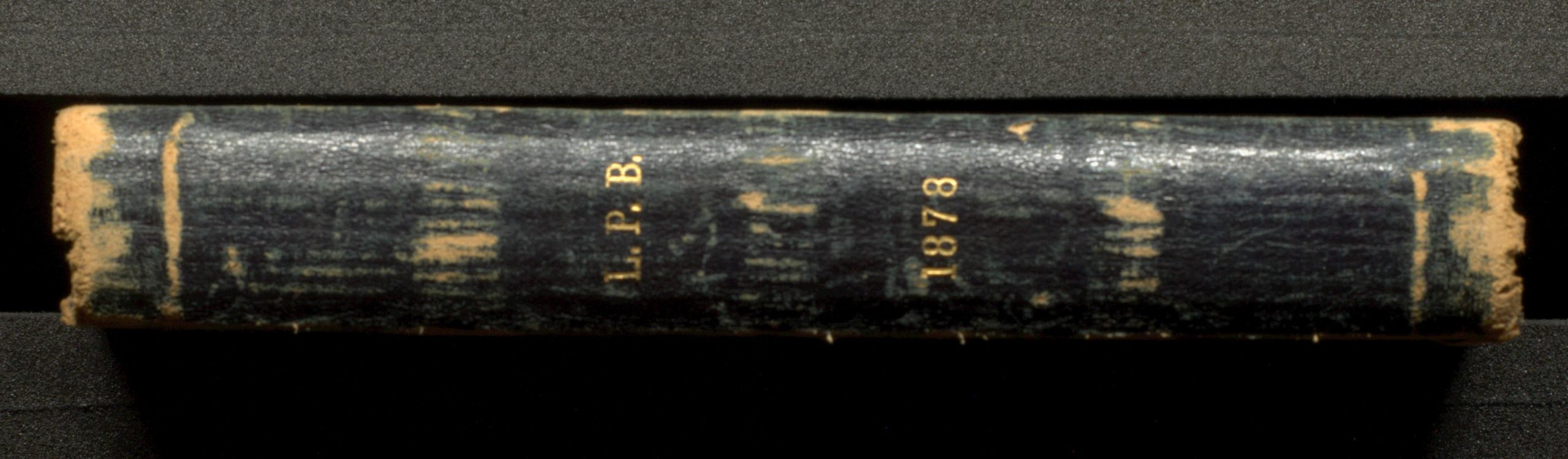 Photograph showing spine of diary, with the monograph 'L.P.B' and the year '1878' in gold lettering.