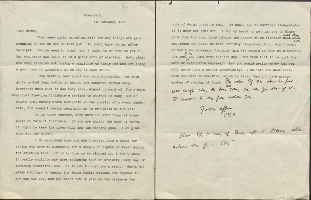Typescript letter from Eleanor Rathbone to her mother in which she discusses the 'novelty' of her female candidacy in the municipal elections, 1909.