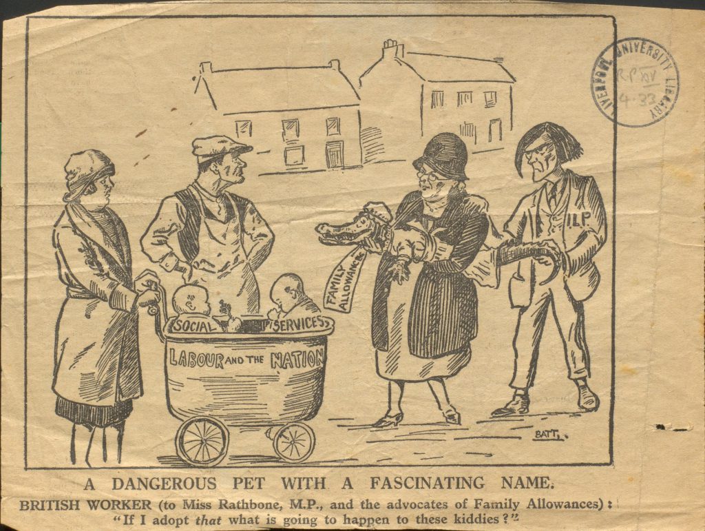 News-cutting of a satirical cartoon showing Eleanor Rathbone, concerning the introduction of family allowances.