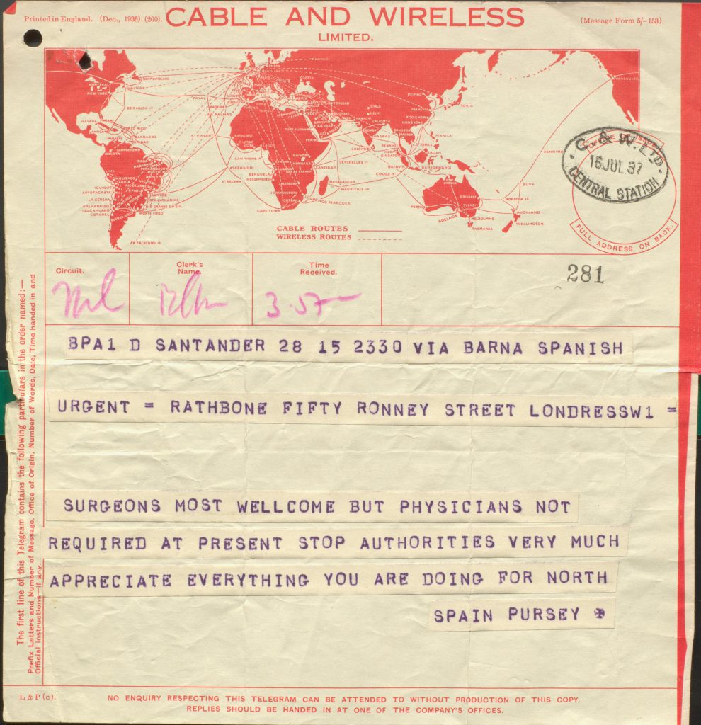 Telegram from Commander Harry Pursey in Santander reporting on the refugee situation in Northern Spain during the Spanish Civil War (1937)