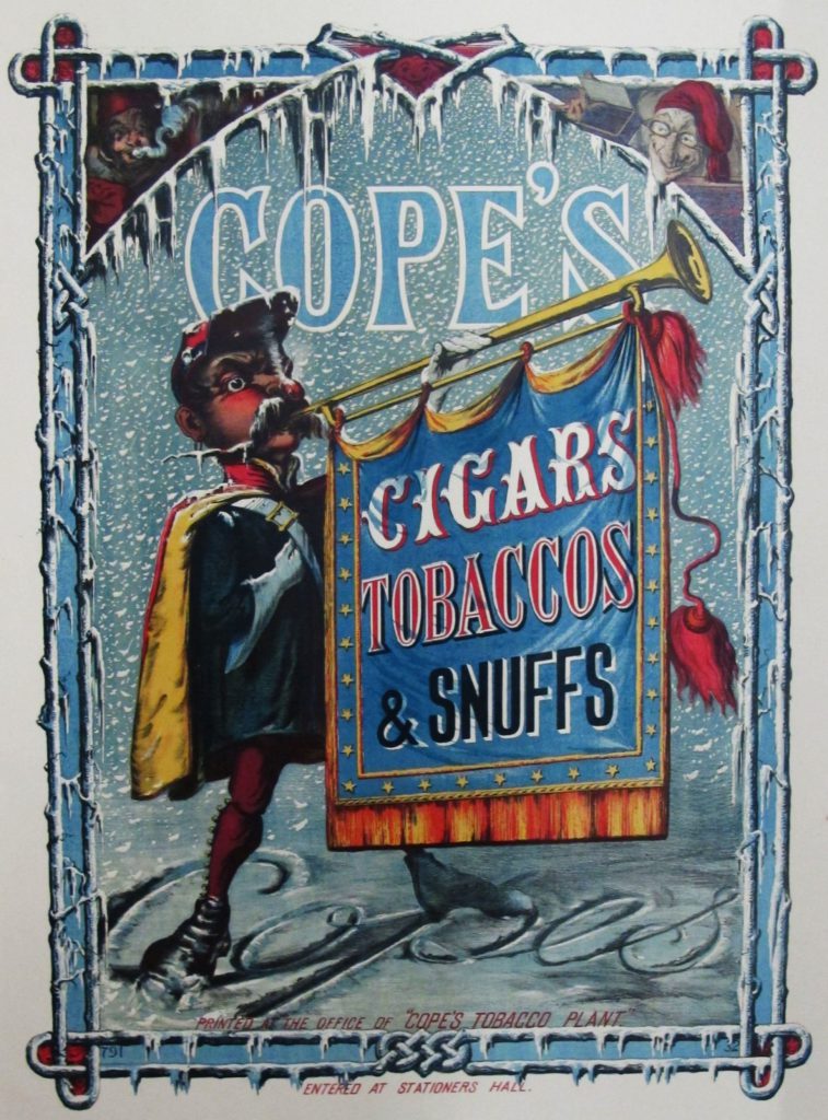 Advertising poster for Cope's tobacco products, showing a trumpeter in the snow.